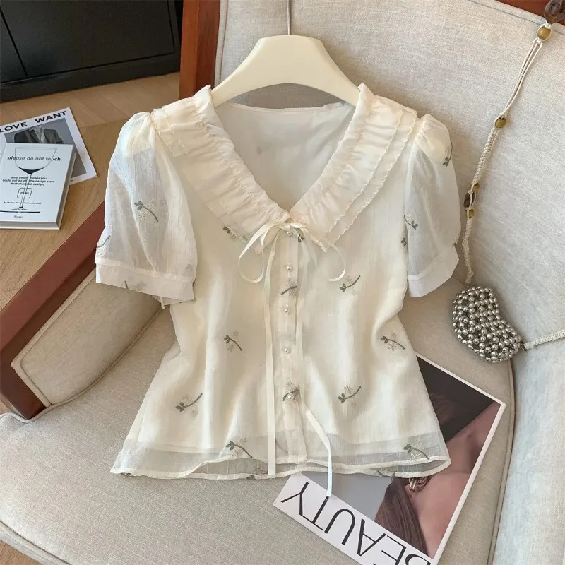 

Women's Floral Embroidery Chiffon Blouse Ruffled V Neck Short Sleeve Summer Elegant Shirt
