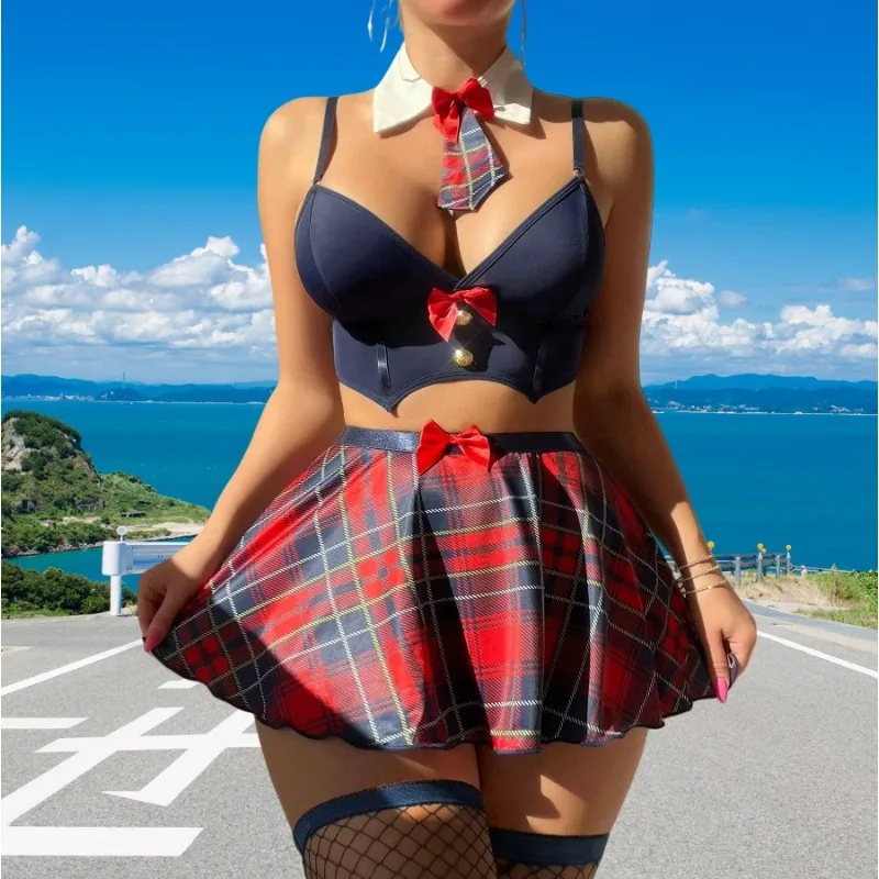 أطقم ملابس داخلية مثيرة للطالبات تنانير منقوشة للعب الأدوار ملابس داخلية غريبة 6 قطع ملابس داخلية للشباب حمالات صدر مثيرة وأربطة رفيعة