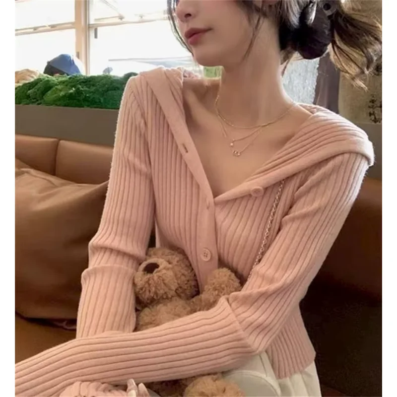 

Korean Fashion Knit Crop Hooded Cardigan For Women Teenage Girl Long Sleeve Button Front Short Sweater Long Sleeve Top