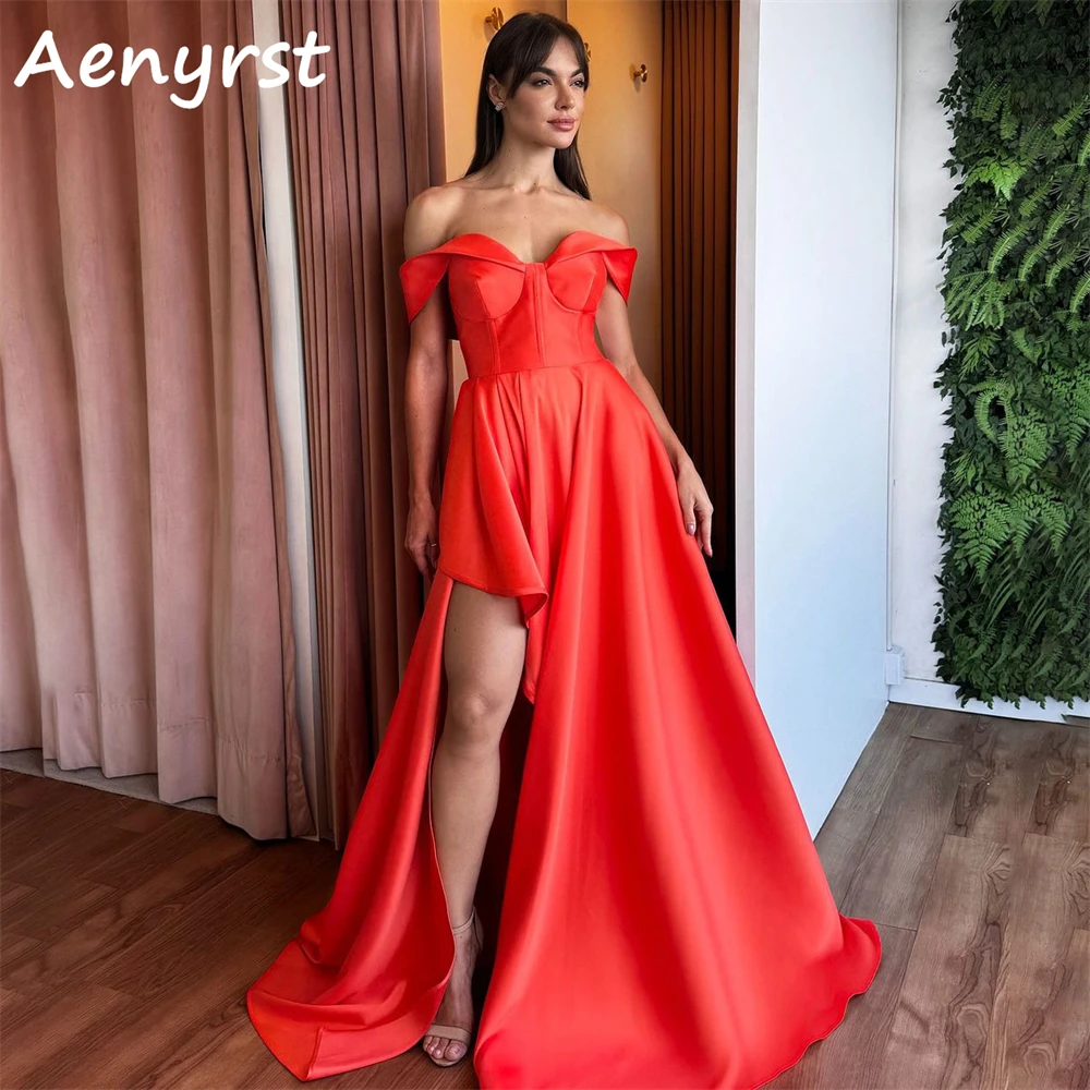 Aenyrst Rood Liefje Kant Split Prom Jurken Satijn A Line Off The Shoulder Avondjurken Vloerlengte Kerstfeestjurk