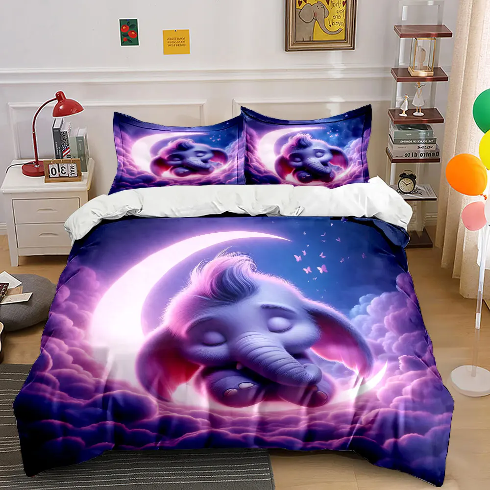 

3pcs Dreamy moon and sleeping baby elephant Print Bedding Set 1 Duvet Cover 2 Pillowcases for Adult and Children Luxury Gift