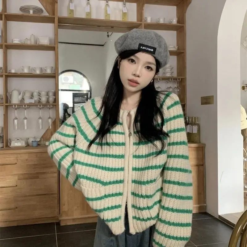 French Style Retro Casual Zipper High Quality Exquisite Striped Sweater Autumn/winter New Fashion Loose Comfortable Women's Top