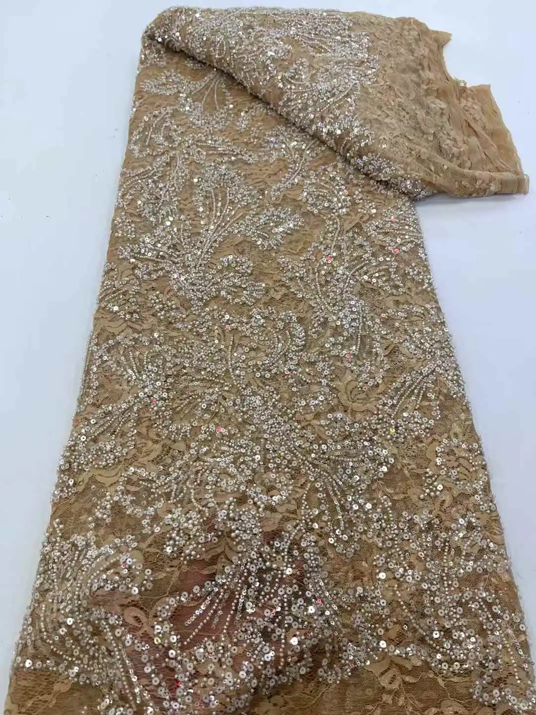 

French African 3D Lace Fabric 2025 With Beaded High Quality Embroidery For Women Wedding Dress Nigerian Lace Mesh Fabric 5 Yards