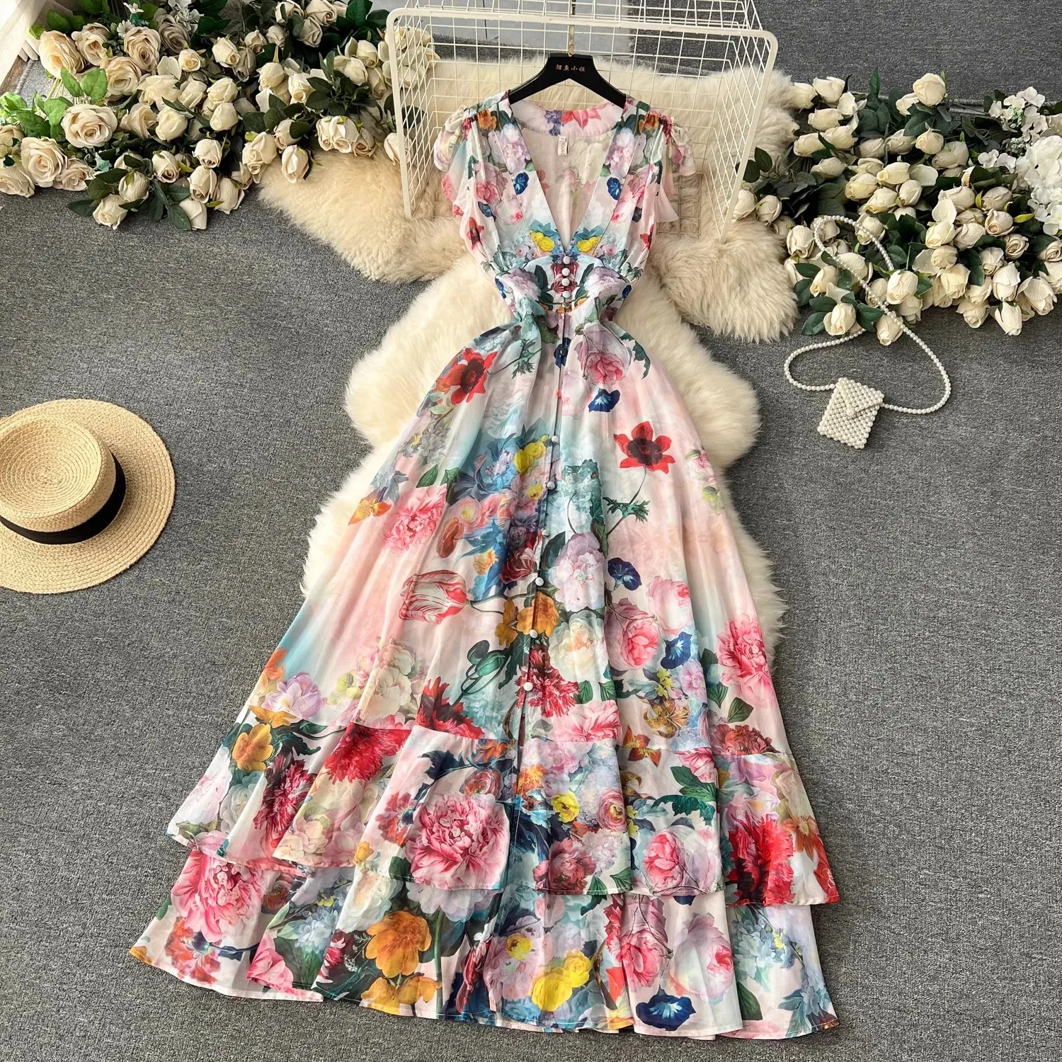Women Midi Floral Chiffon Dress Summer Holiday Ruffles Chic Flower Print Pleated Loose Clothing 2024 Print Buttons Robe Vestidos
