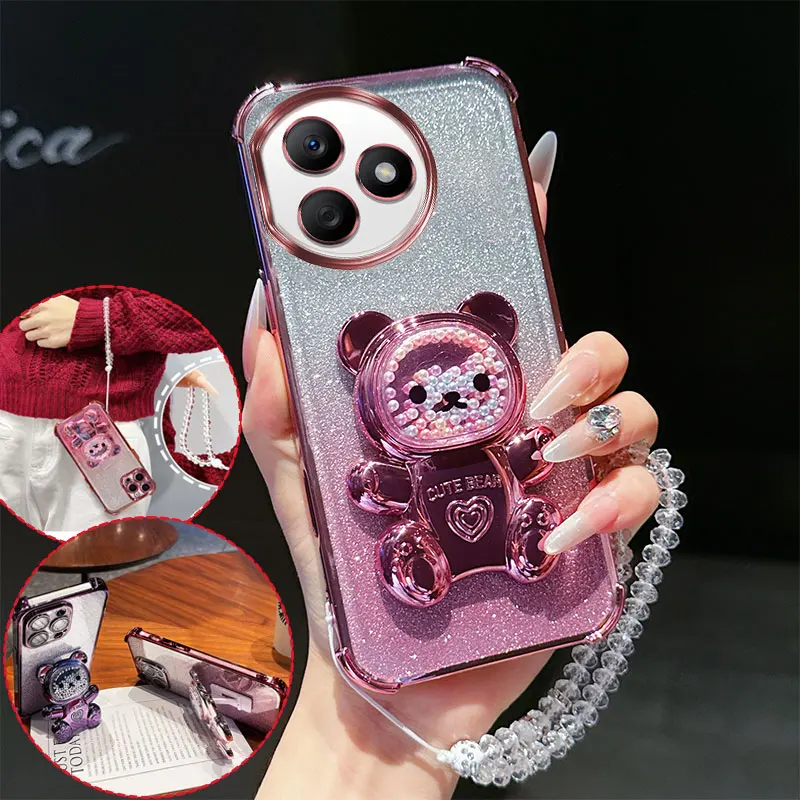 Stoßfeste Handyhülle mit 4 Ecken und niedlichem 3D-Bärenständer, Kristallketten-Lanyard, Glitzer, transparent, für Honor X50i Plus, Rückseite