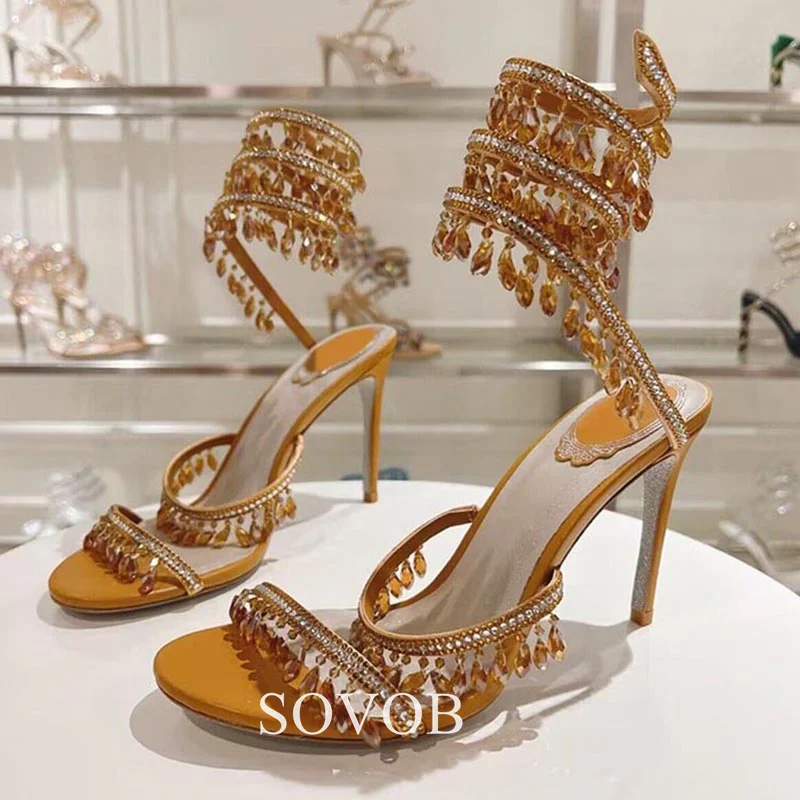 Summer Crystal Bead Slim Heel Sandals Women's Open Toe Hollow Out Gladiator Ankle Strap High Heels Sexy Party Dress Shoes 2024