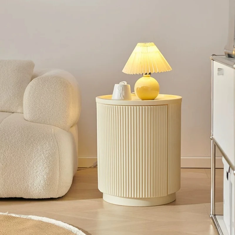 Nordic Creamy Nightstand French Light Luxury Round Bedside Cabinet Wabi Sabi Storage Unit Anti Fall Metal Double Tier Shelf