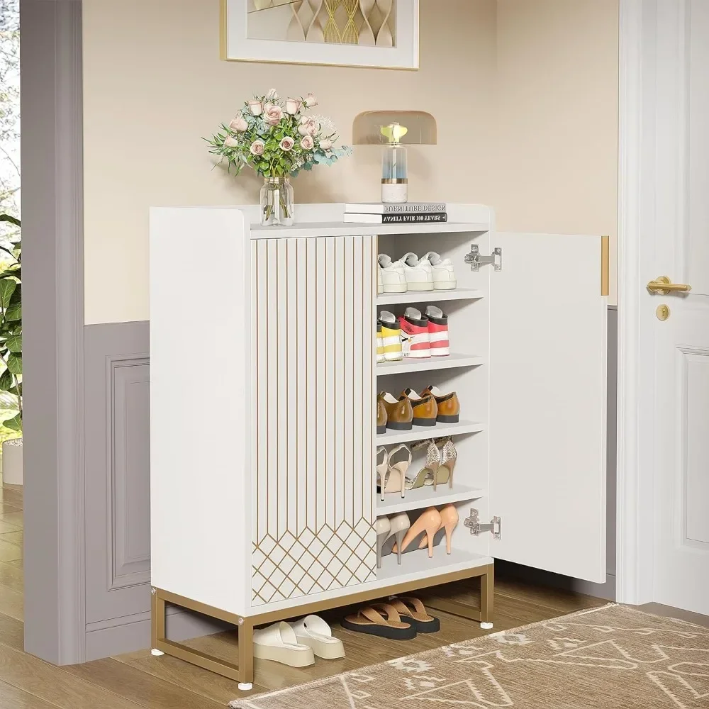 Modern White Shoe Cabinet with Doors for Up to 25 Pairs, 5-Tier Wood Shoes Rack Organizer for Entryway Bedroom Hallway