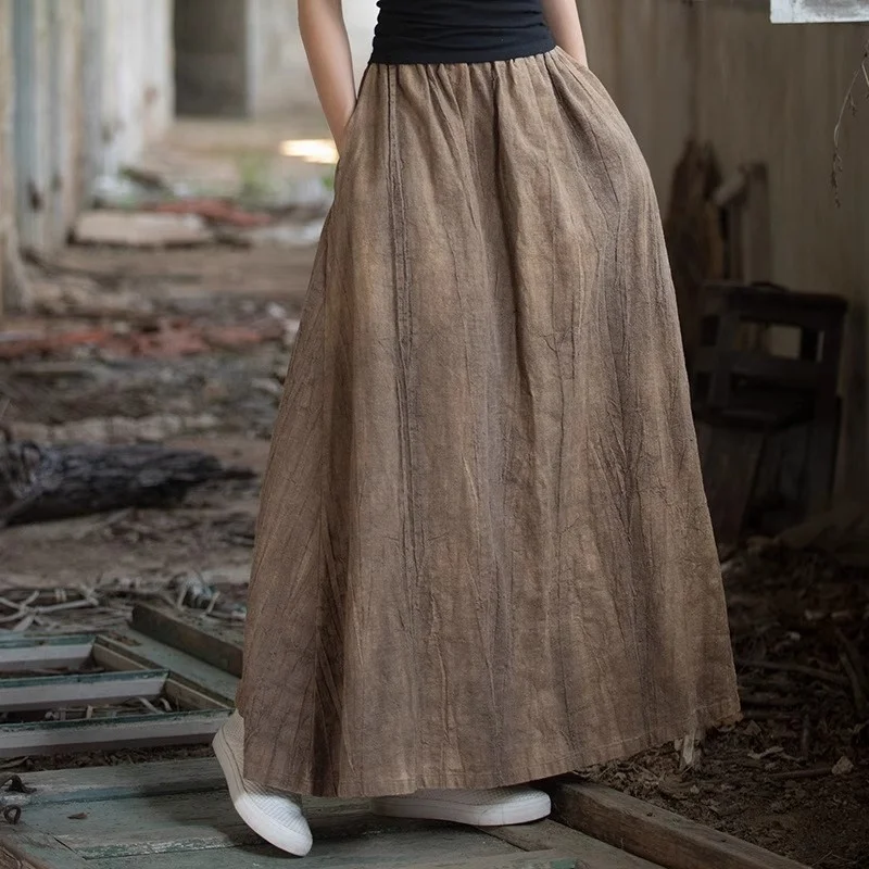 Women Ramie Tie-dye Skirts Elastic Waist Pockets Vintage Autumn Clothes 2025 New Women A-Line Skirts W228