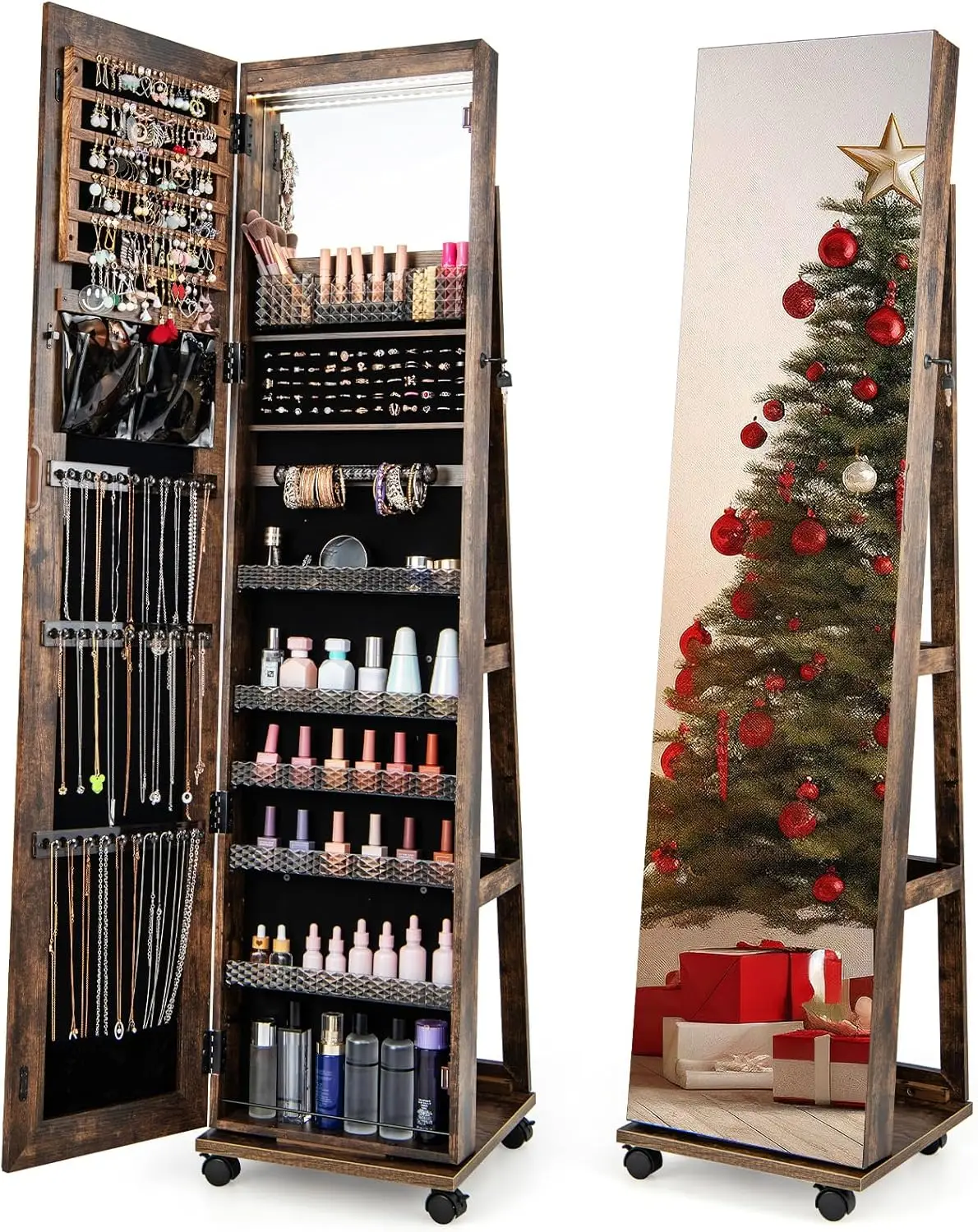 Jewelry Cabinet Armoire with Wheels, 64" H Full Length Mirror3-Color LED Lights, Height Adjustable Shelves,(Rustic Brown)
