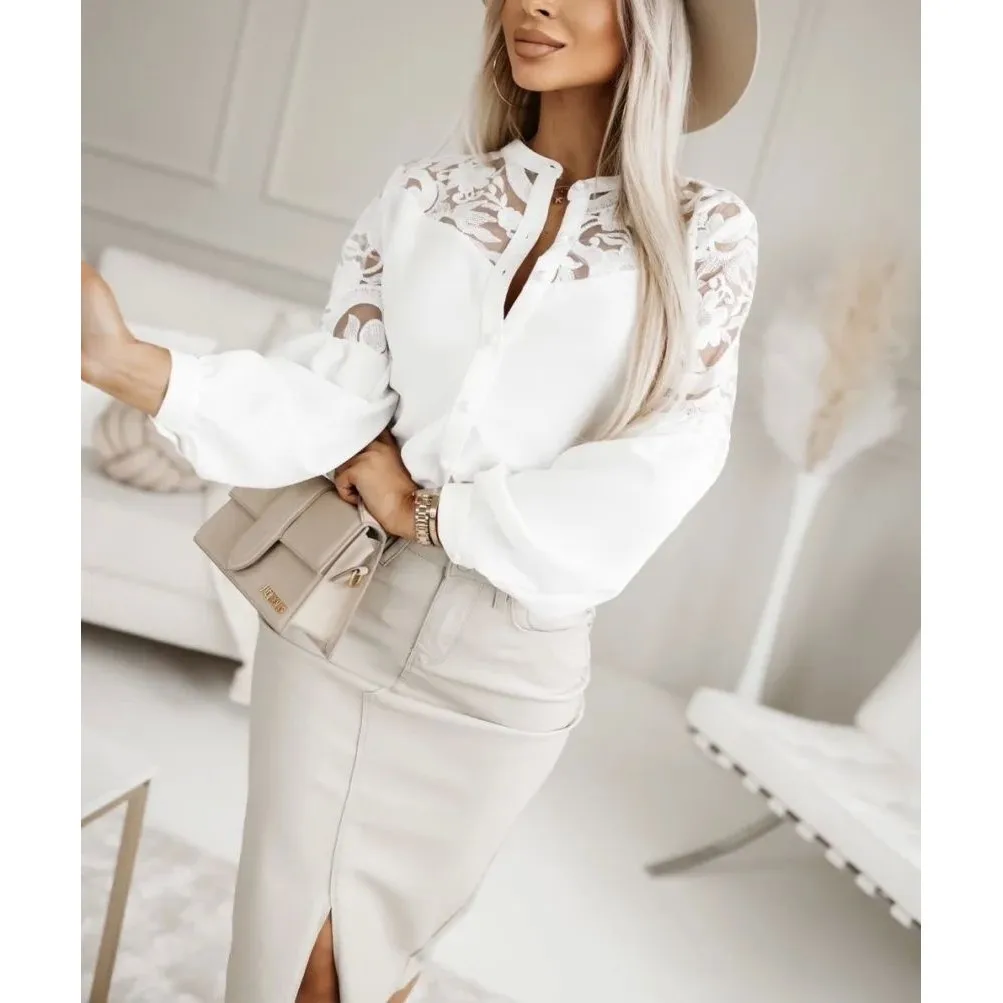 

Women's Chic Turn down Ne Lace Patch Beading Long Lantern Sve irt Ele Faionable Ladies' Blouse