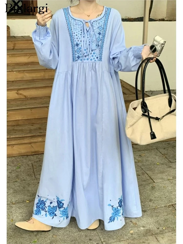봄 여름 긴팔 드레스 여성 꽃 자수 보헤미안 여성 드레스 캐주얼 루즈 신상 비치 여성 롱 드레스 2026