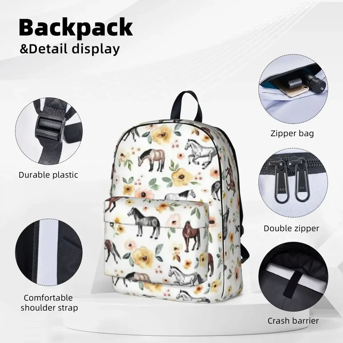 Horses With Yellow And Pink Flowers, Horse Decor Backpack Student Book bag Shoulder Bag Laptop Rucksack Children School Bag