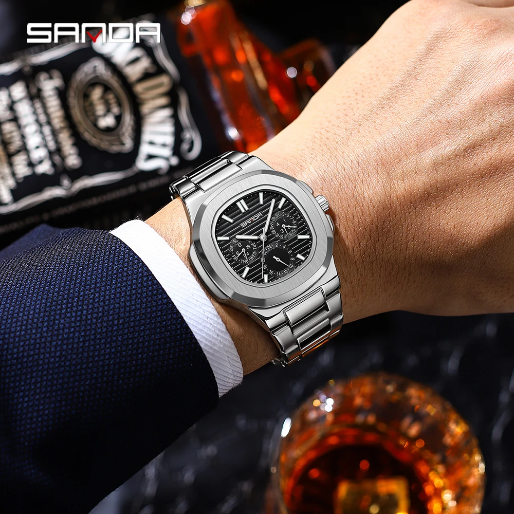 Fashion Sanda 7053 Luxury Business Waterproof Male Clock Luminous Date Full Stainless Steel Square Quartz Men Watch Reloj Hombre