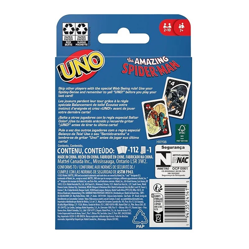 Mattel Games UNO Spider Men juego de cartas para Noche Familiar con gráficos temáticos de programa de Tv y una regla especial para 2-10 jugadores