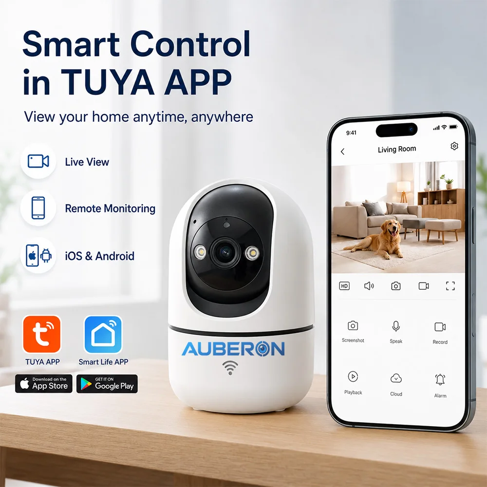 2MP Indoor PTZ WiFi Camera Tuya Smart APP HD Home Security Camera 355 Pan Tilt Night Vision Two Way Audio Motion Alert Baby Pets
