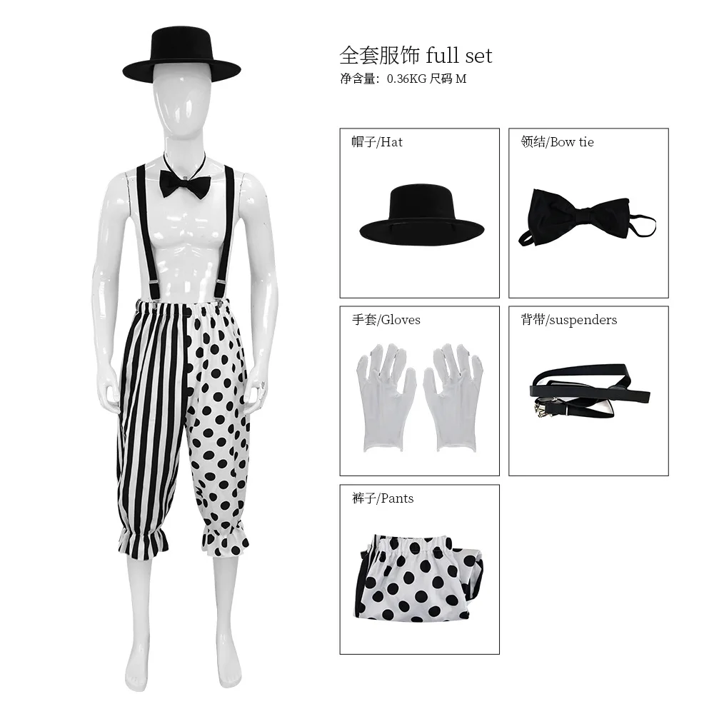 Costume de couple de clowns mime noir et blanc, bretelles de clown de cirque noir et blanc, tenue de spectacle de scène pour Halloween