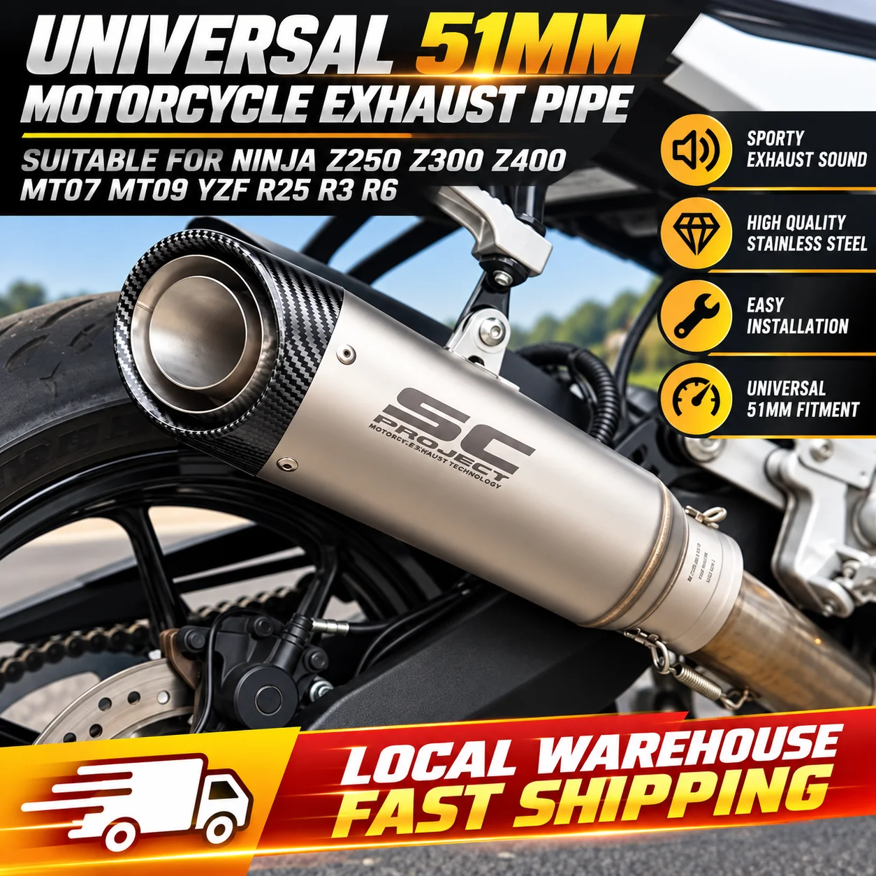 Image of Universelles 51-mm-Auspuffrohr für Motorräder mit Schalldämpferstopfen, passend für Ninja Z250 Z300 Z400 MT07 MT09 YZF R25 R3 R6, Auspuffschalldämpfer aus Edelstahl.