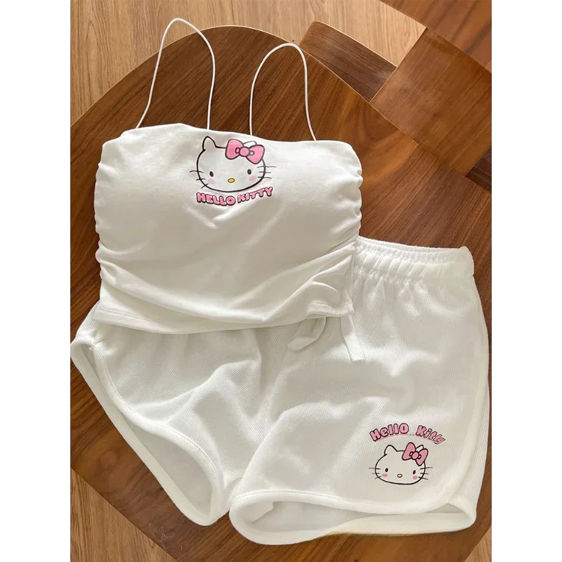 Sanrio 'S Nieuwe Hellokitty Pure Verlangen Jarretel Pyjama Dames Schattige Cartoon Comfortabele Casual Ademende Thuis Dames Pyjama