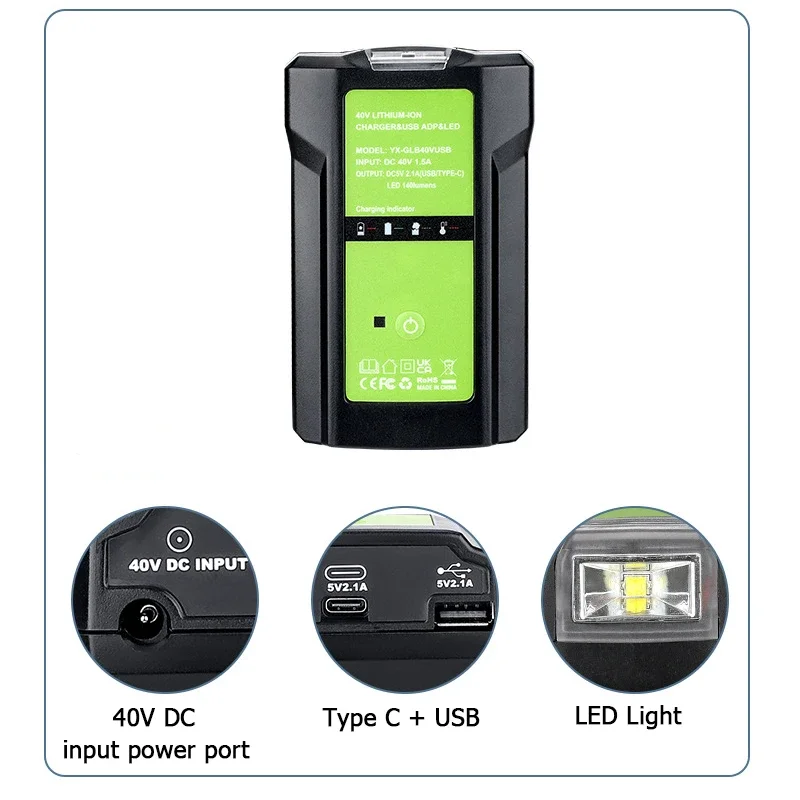 Battery Adapter For GreenWorks 40V Lithium Battery With 3W LED Work Lamp USB Type-C Phone Charger adapter Outdoors Portable