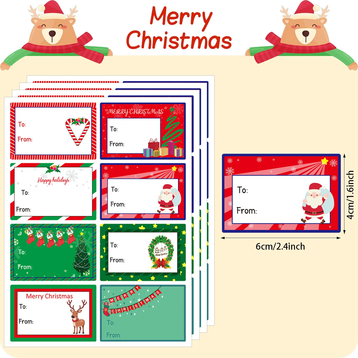 80 Pcs/pack Christmas Tags Labels, 16 Design Self Adhesive Gift Stickers Name Tags with Santa Snowmen Xmas Tree Reindeer Bells