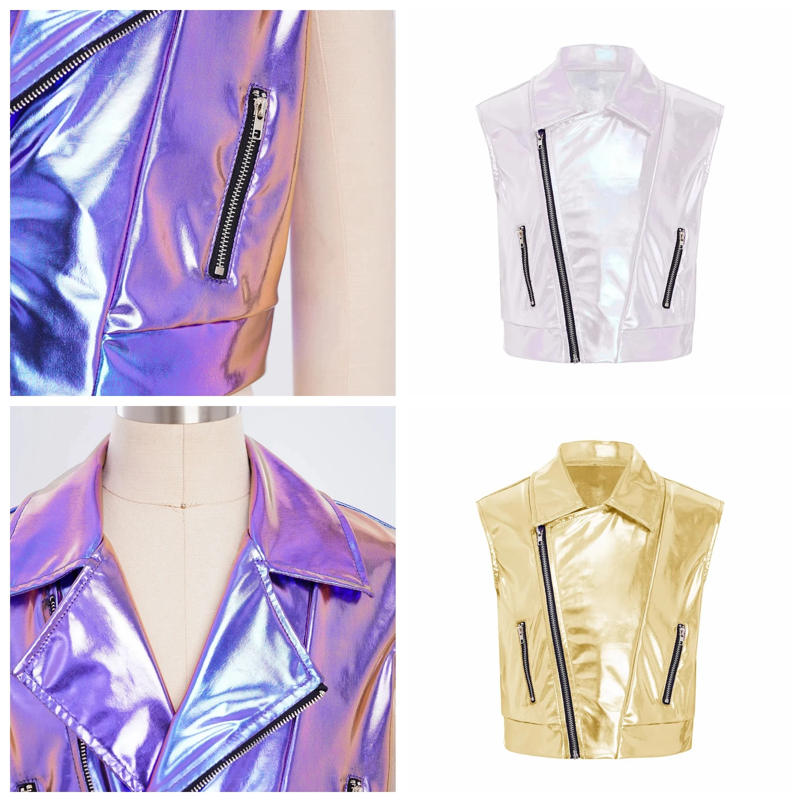Kids Boys Girls Metallic Waistcoats Sleeveless Jacket Tops Vest Outerwear Disco Hip Hop Dance Party Stage Performance Costume