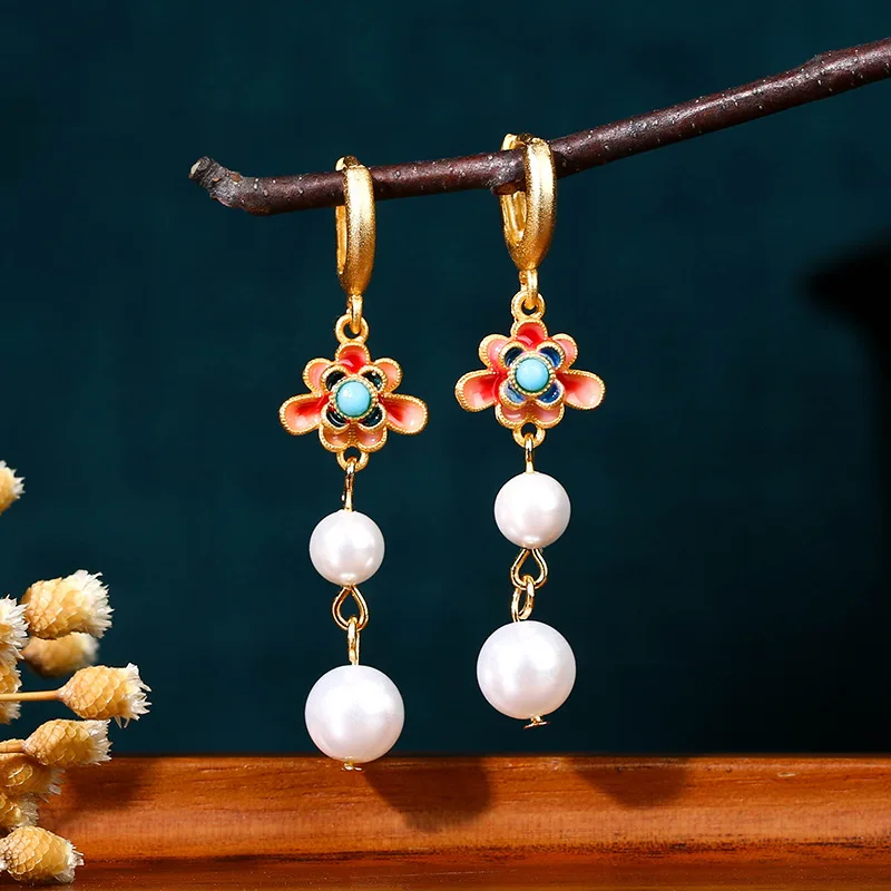 

Chinese style enamel flower pearl earrings step by step, lotus retro pearl earrings, mother's birthday gift