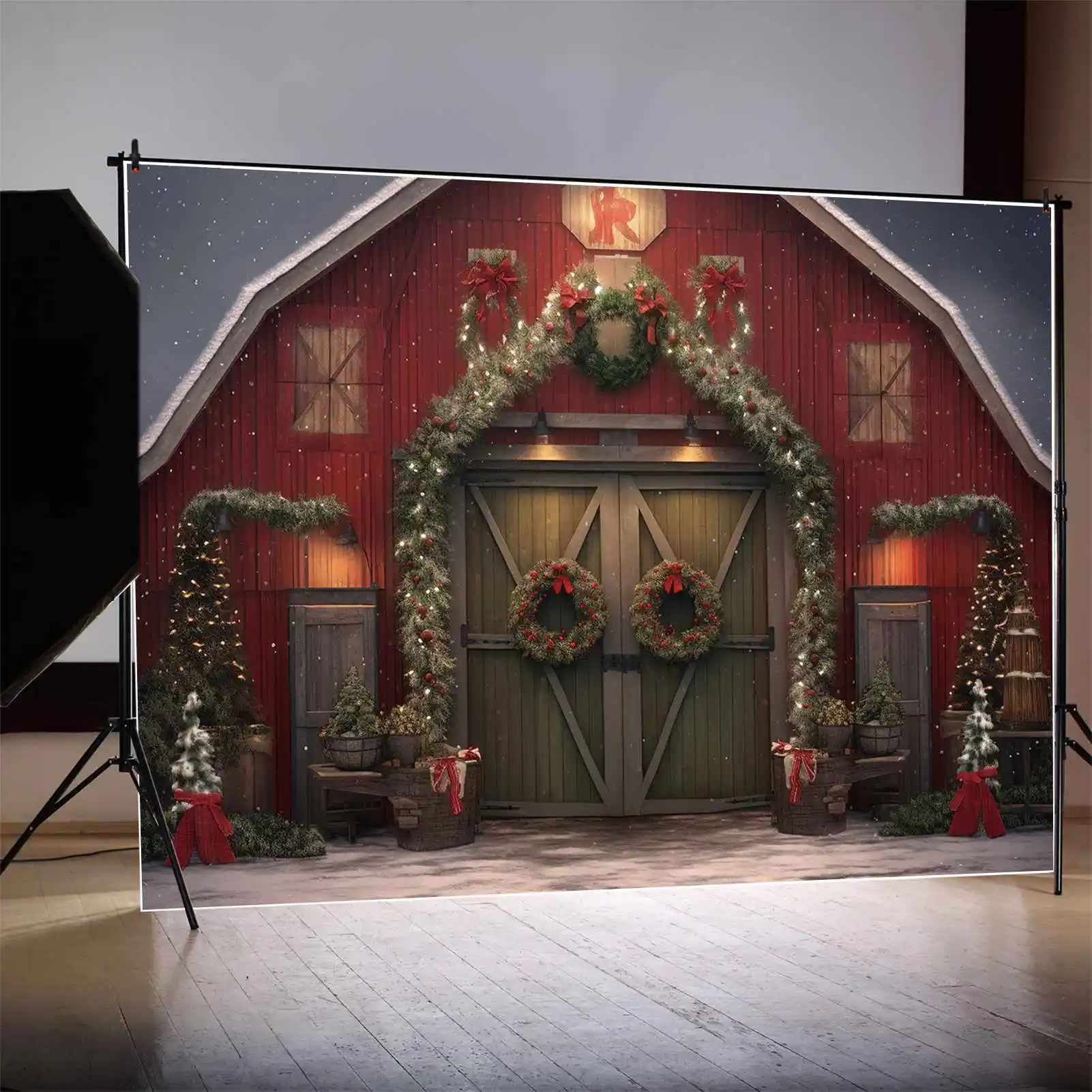 MOON.QG sfondo natale rosso legno casa portico ghirlanda porta cancello festa parete sfondo plancia luci stringa Bowknot Photo Booth
