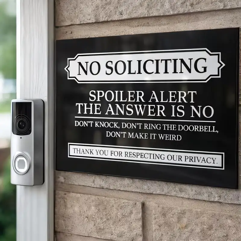Black Humorous No Soliciting Metal Sign - Spoiler Alert Text, Modern Design, Iron Material, Perfect for Home Entrance/Outdoor Wa
