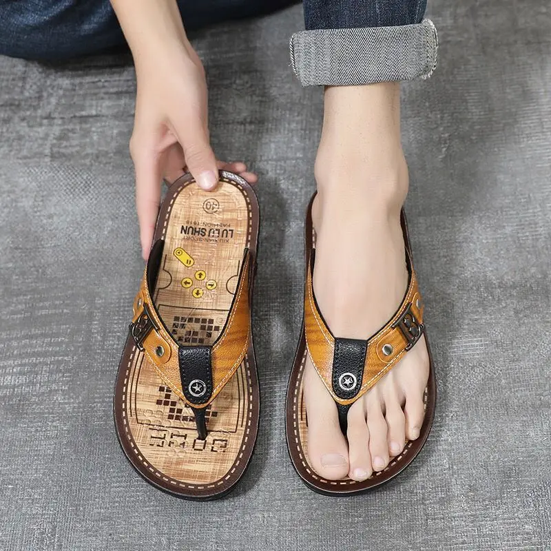 Shiatsu Male Slipper Soft Men\'s Shoe Beach Outdoor Sabot Flat Leather Flip Flops Slides Elegant Original High Quality Fashion