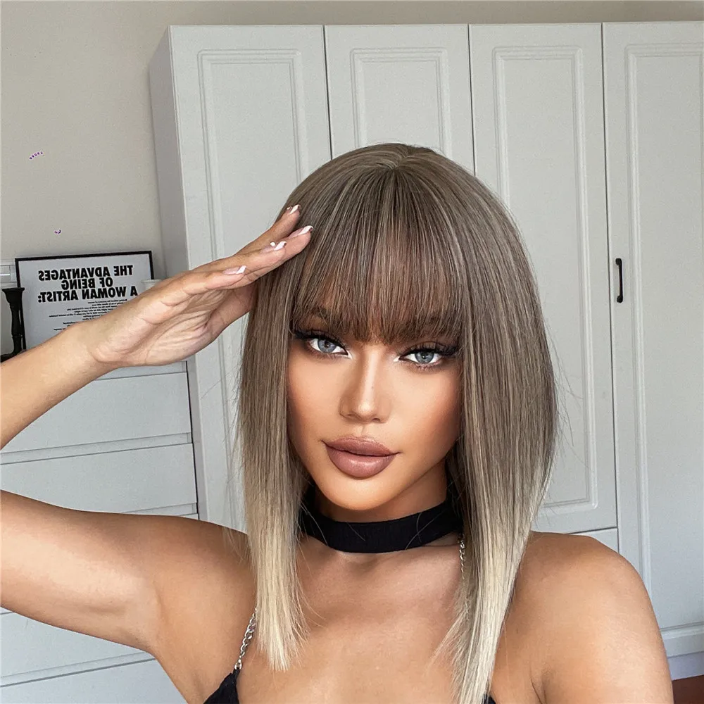 LOUIS FERRE Short Ash Brown Hair Wig for Women Synthetic Ombre Brown Straight Wigs With Bangs Shoulder Length Brown Natural Hair