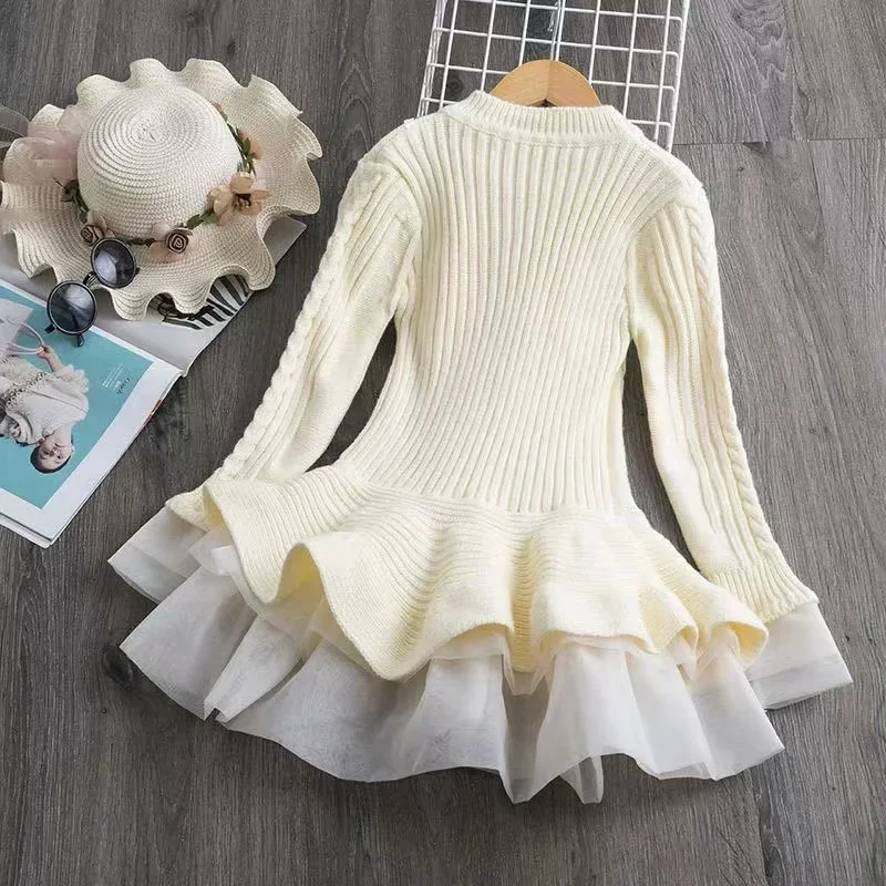 Long Sleeve Girls Winter Dress For 3-7 Years 2024 New Knitted Sweater Outfits Red Christmas Party Dress for Girls Kids Costume