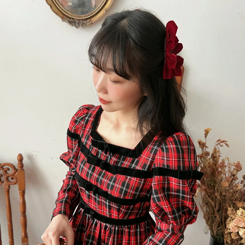 AnXin SH princess Retro French red checkered waist cinched palace style girl square long sleeve zipper customized evening dress