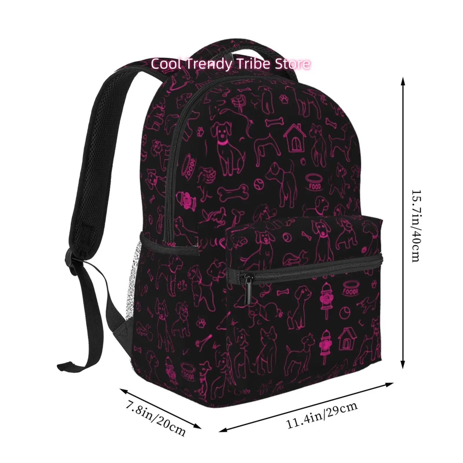 Neon Pink Dog Line Art Print Backpack, Oxford Cloth Adjustable Strap Casual Daypack for Commute, Work