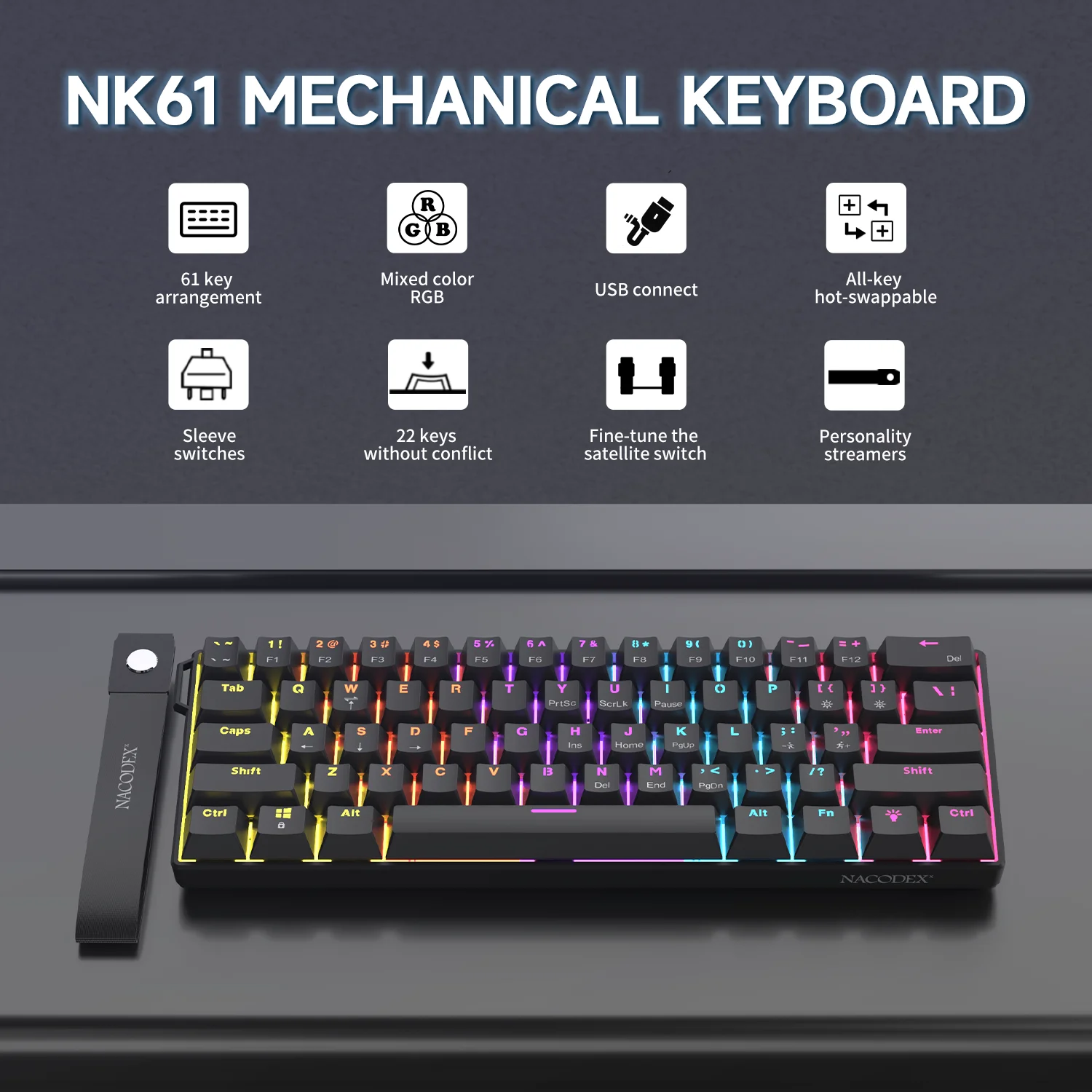 

Ajazz NK61 Механическая проводная игровая клавиатура Разноцветная RGB-подсветка 61-клавишная клавиатура с красным переключателем и возможностью горячей замены для Win/Mac/Gamer