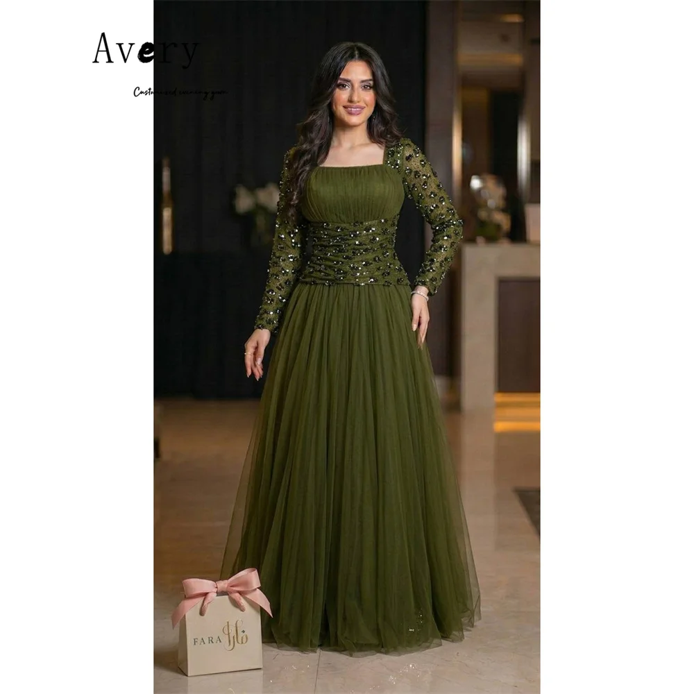

Avery Custom Green Square Collar Embroidered Long Sleeves Women's Evening Dress for Event Dresses 2026 Luxury Evening Luxurious