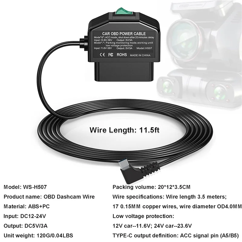 

4X Dash Cam OBD Hardwire Kit,Dash Camera USB Type C Hardwire Kit With OBD Power Cable For Dashcam 12-24V To 5V/3A