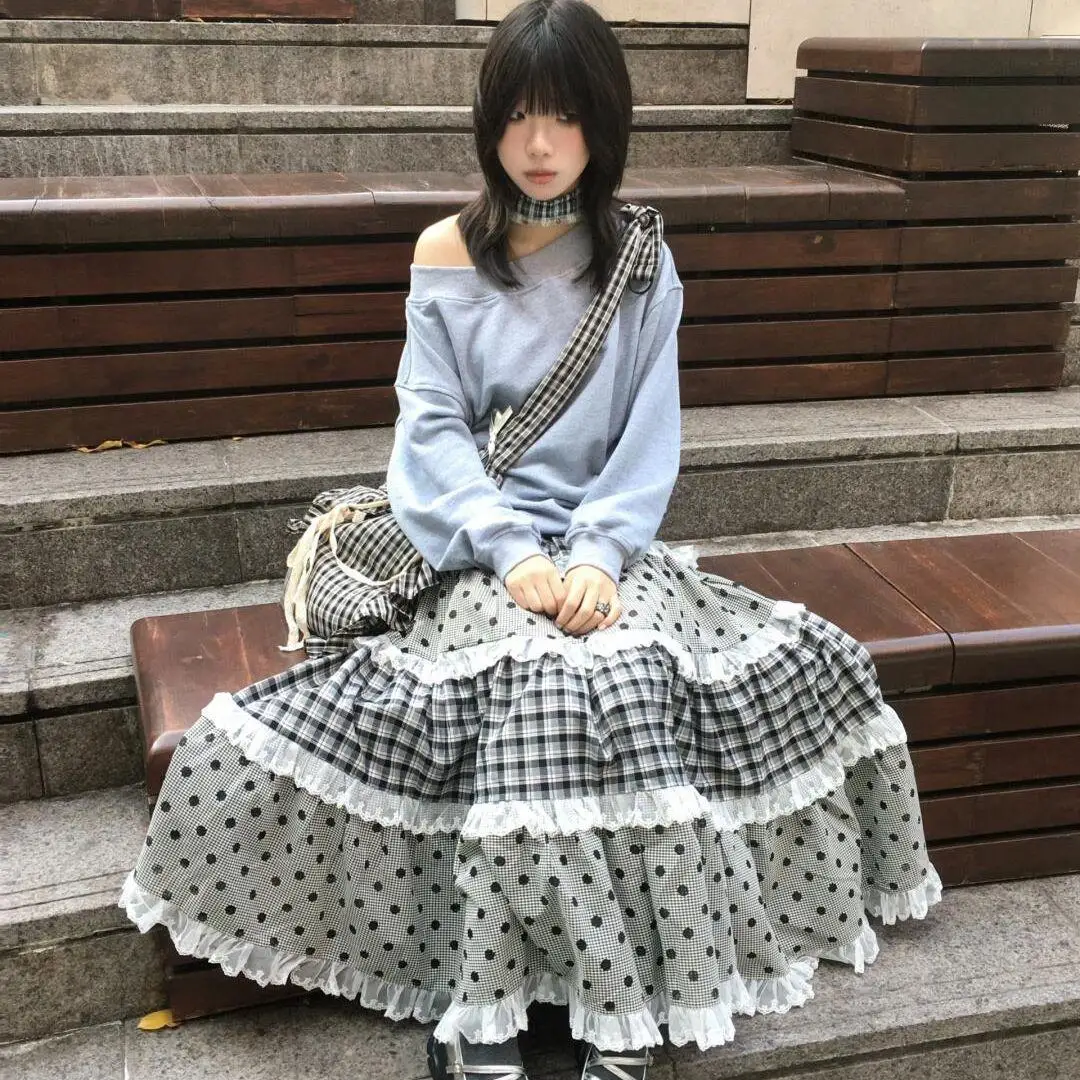 

Юбка в клетку Y2K с кружевными вставками и высокой талией, в стиле ретро, удлиненная, весенняя мода, женские премиум-футболки