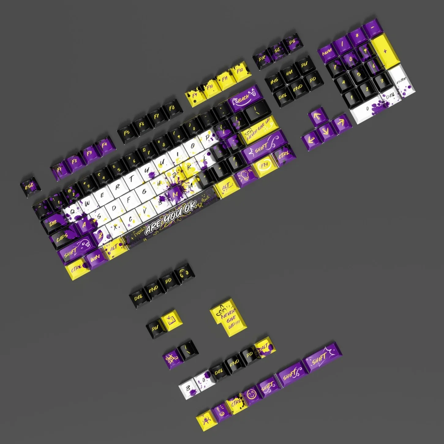 

Фиолетово-желтые граффити-клавиши, персонализированный стиль, материал PBT, подходят для игровой клавиатуры Cherry MX Axis с 132 клавишами