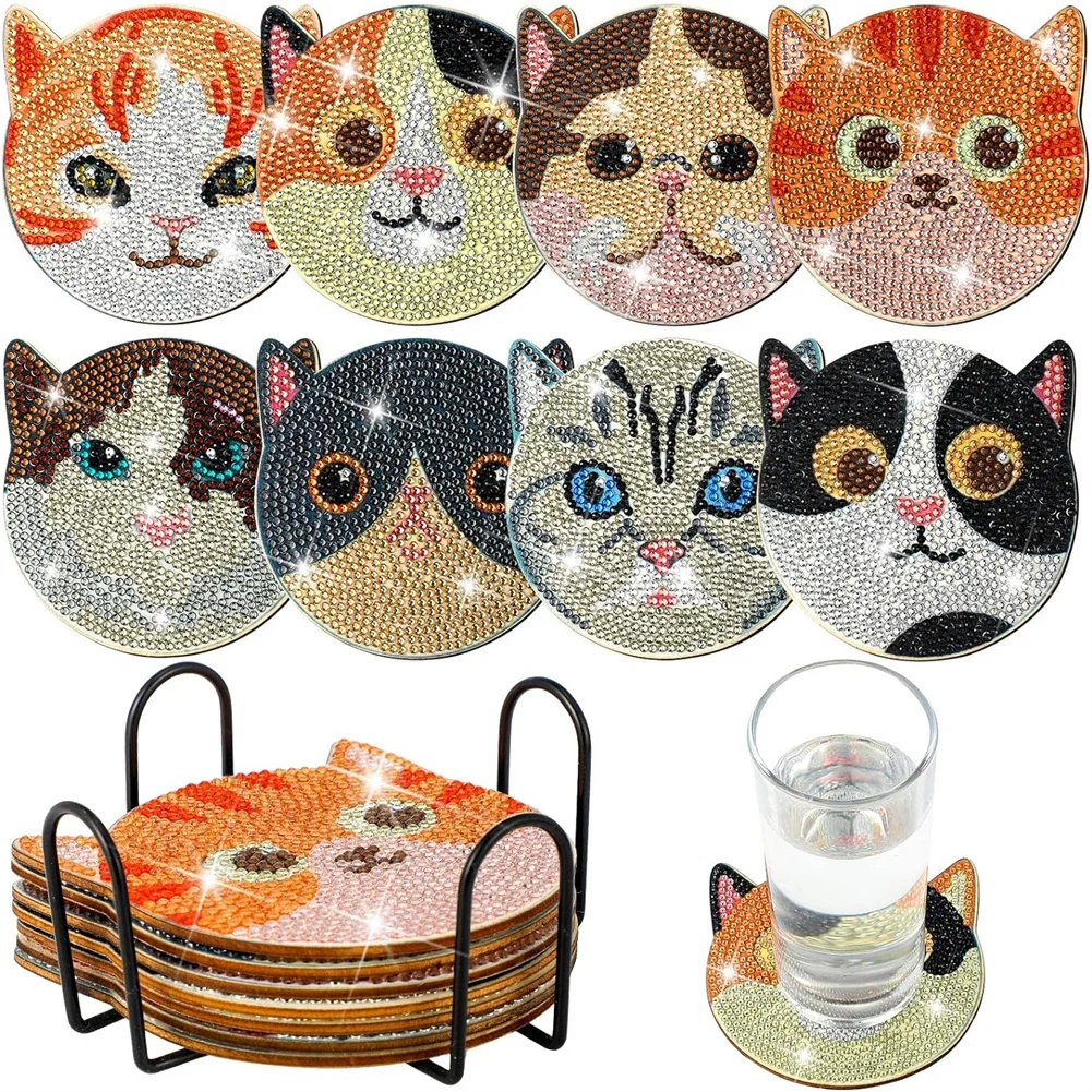 

8 PCS Cute Cat Diamond Art Coasters Kit Cartoon Art Painting Coasters With Holder DIY Art Craft Supplies For Beginners Kitchen