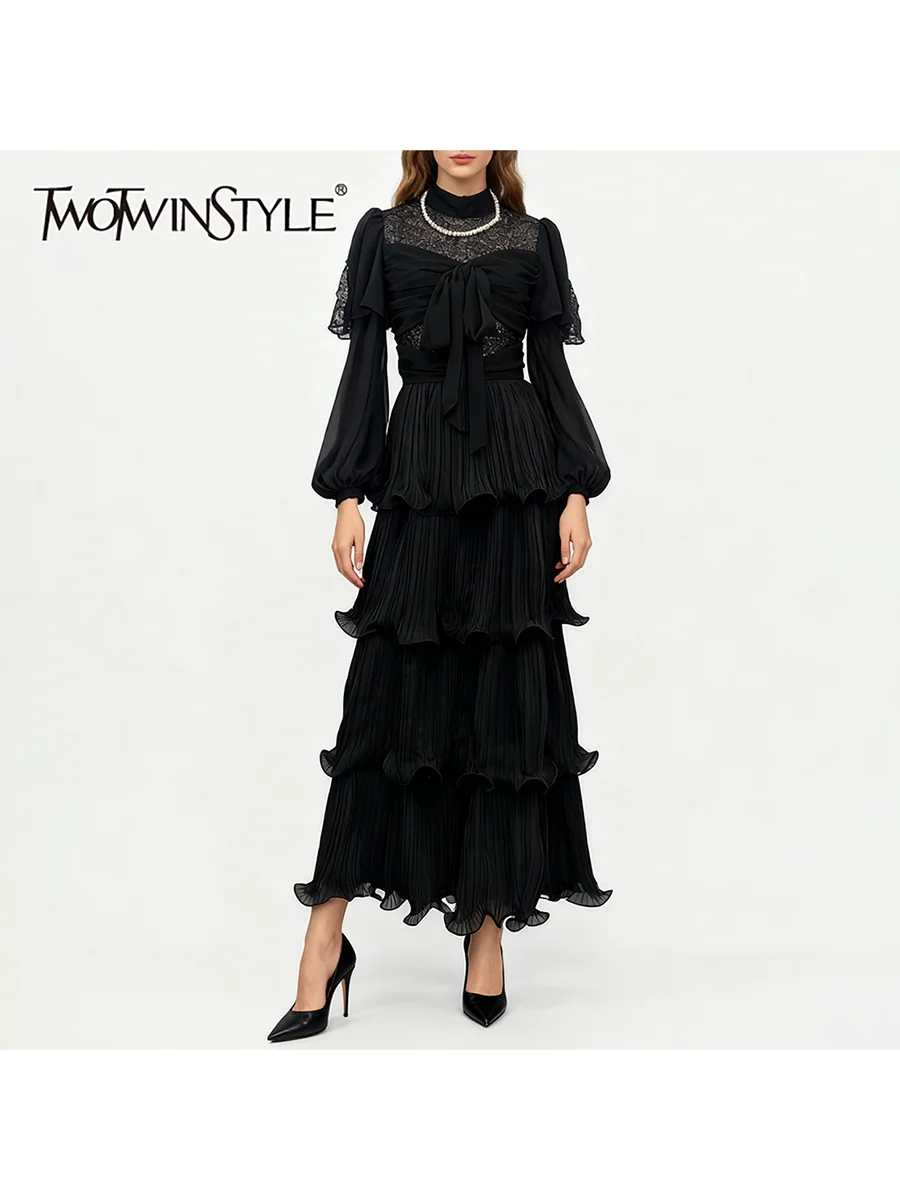 

TWOTWINSTYLE однотонные элегантные платья с оборками и складками для женщин, туника с воротником-стойкой и длинными рукавами, лоскутное платье с бантом, женское