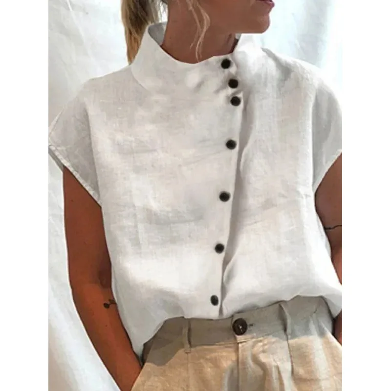 

Amazon's new button cotton and linen stand-up collar casual shirt, women's comfortable short-sleeved shirt cw85399