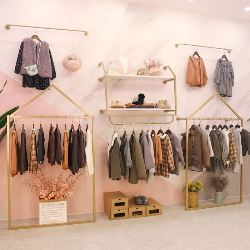 

custom，Clothing Shop Fittings Interior Design Gold Wall Mounted Garment Metal Display Stand Hanging Rack Shelves