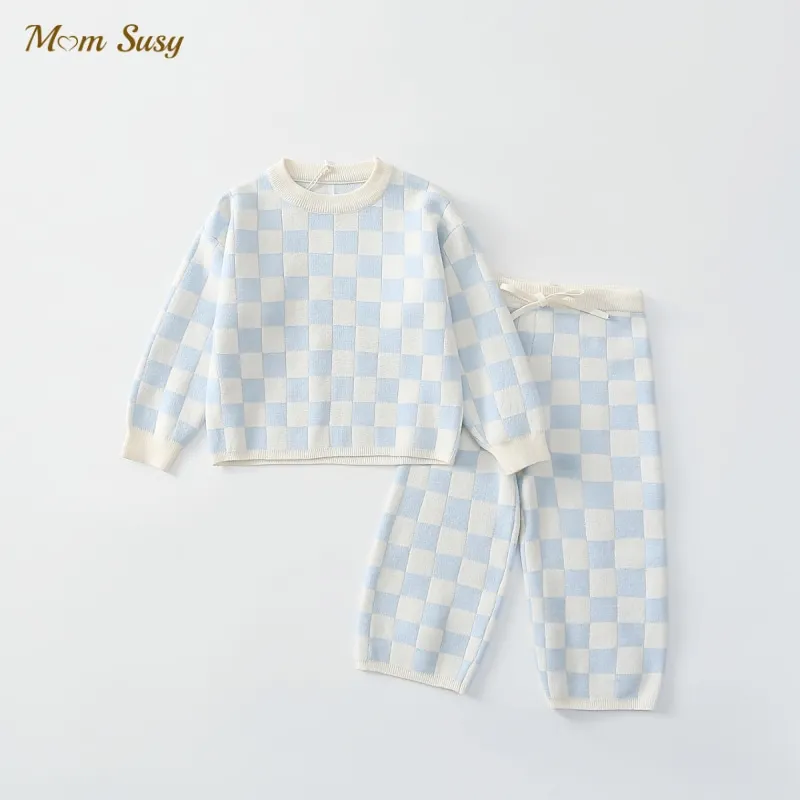 Ensemble de vêtements tricotés à carreaux pour bébé fille et garçon, pull + pantalon, 2 pièces, pour enfant en bas âge, printemps automne hiver, 1-5 ans