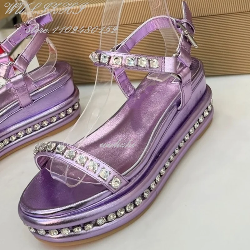 Purple Glossy Leather Crystal Bordered Wedge Bling Women 12Cm Platform Open Gold Buckle White Simple Diamond Dress Wedding Shoes