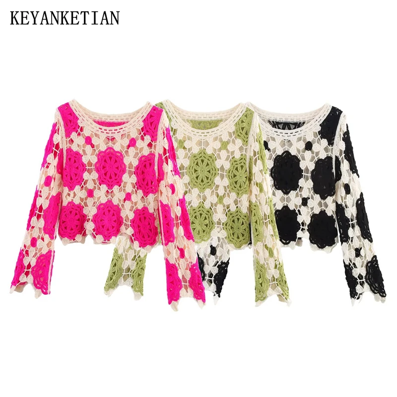 

KEYANKETIAN весна/осень новый женский ажурный вязаный крючком свитер с цветочным принтом пуловер праздничный вязаный топ с круглым вырезом и длинными рукавами