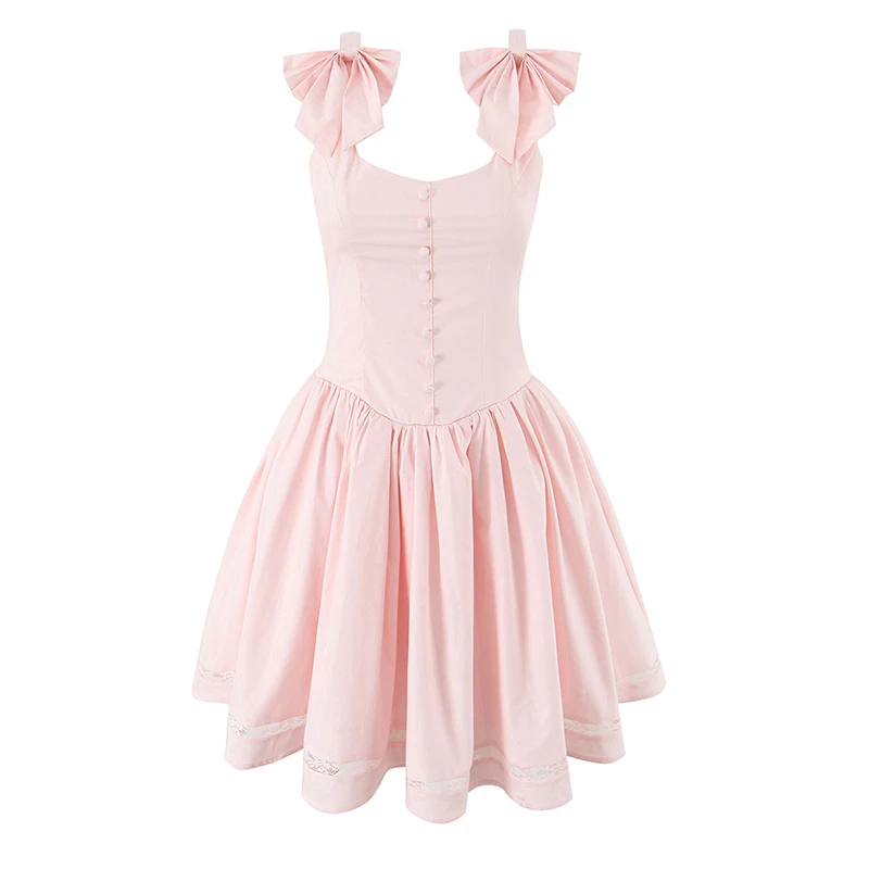 YENKYE 2025 Dolce Rosa 3D Bow Strap Tank Dress Donna Vita Bassa Abito di Sfera Del Partito Mini Abiti di Compleanno Robe Laurea Abiti