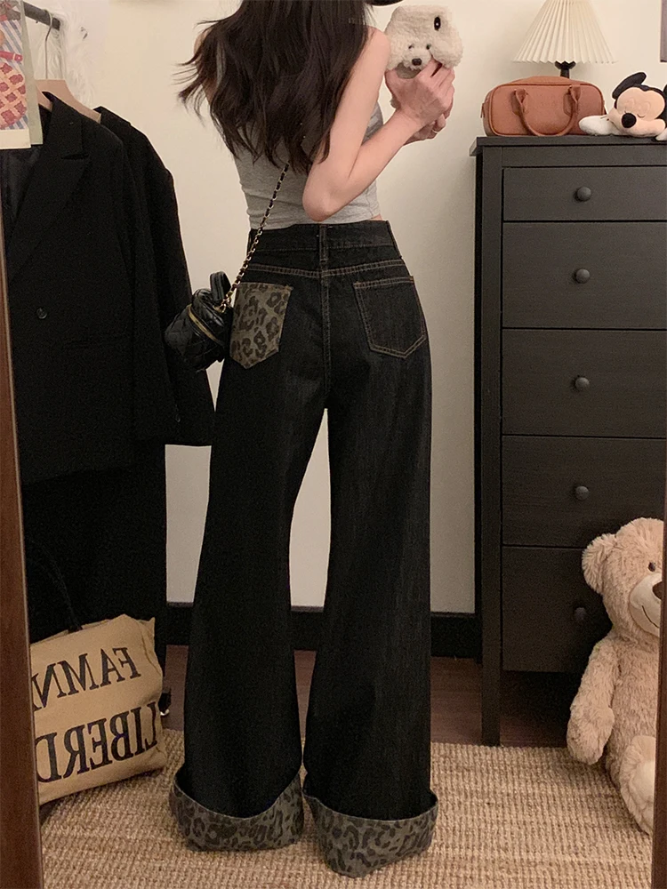 ريترو ليوبارد طباعة واسعة الساق الدينيم الجينز المرأة فضفاضة تناسب عالية الخصر التخسيس حجم كبير عادية عالية الخصر السراويل الطويلة