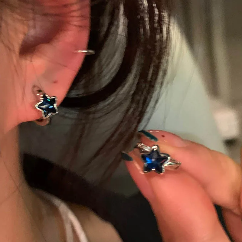 Y2K Trendy Cute Sweet Blue Star Hoop Earrings for Women Girls Simple New Fashion Vintage Earrings Aesthetic Jewelry Gift