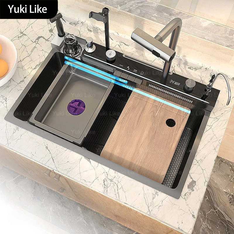 

Multifunctional Piano Button Waterfall Spout Faucet Stainless Steel Kitchen Sink Digital Display Screen Dishwashing Basin